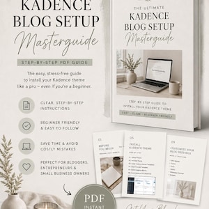Könnte beinhalten: Ein digitales Handbuch mit dem Titel "The Ultimate Kadence Blog Setup Masterguide" mit Schritt-für-Schritt-Anleitungen. Das Cover zeigt einen Laptop, eine Tasse und eine Vase mit Grün. Der Leitfaden verspricht eine einfache, stressfreie Einrichtung.