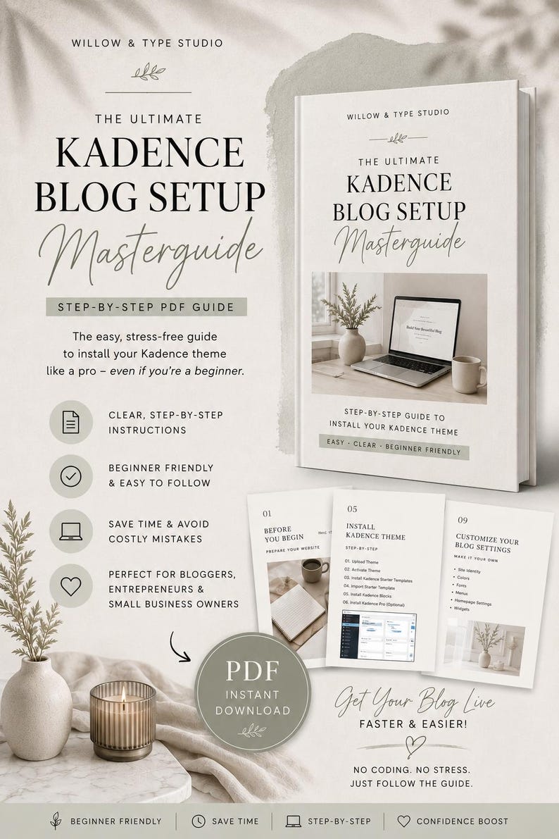 K&ouml;nnte beinhalten: Ein digitales Handbuch mit dem Titel "The Ultimate Kadence Blog Setup Masterguide" mit Schritt-f&uuml;r-Schritt-Anleitungen. Das Cover zeigt einen Laptop, eine Tasse und eine Vase mit Gr&uuml;n. Der Leitfaden verspricht eine einfache, stressfreie Einrichtung.