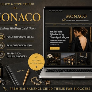 May include: A laptop displaying the Monaco Kadence WordPress child theme website with a dark color scheme and gold text. The screen shows a blog layout with navigation menus, a hero image, and category sections. Text includes Willow & Type Studio.