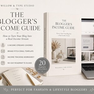 May include: A book titled "The Blogger's Income Guide" with the subtitle "How to Turn Your Blog Into a Real Income Stream." The cover features a laptop, coffee, and a notebook. The book includes 20 pages and covers 5 income streams.