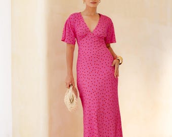 Pink Polka Dot Maxi Dress: V-Neck, Short Sleeve, Flowy Vacation Beach Style