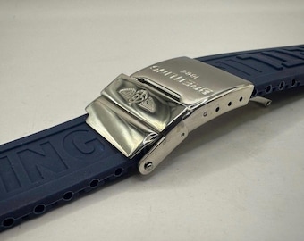 Breitling Rubber Strap Navy Blue Watch Band Buckle Deployment 22mm, 24mm