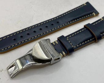 22MM Tudor Blue Leather Strap Watch Band with Deployment Stainless Steel.