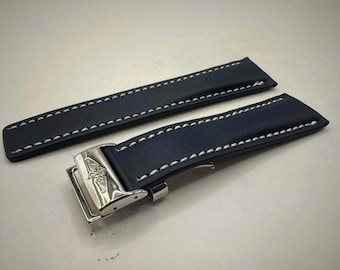 Breitling Leather Strap Navy Blue Watch Band Deployment 24mm