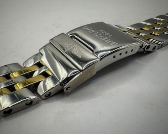 Breitling Strap Bracelet Watch Band Silver Gold 2Tone 20mm 22mm Handmade Crafted Engraved