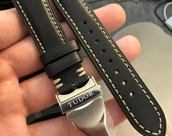 22MM Tudor Black Leather Strap Watch Band with Deployment Stainless Steel.