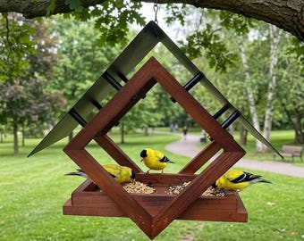 Modern Geometric Hanging Bird Feeder Weatherproof Wood & Metal Multi-Bird Perching Tray for Outdoor Garden and Yard Decor