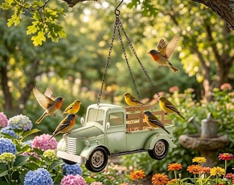 Mangiatoia per uccelli in metallo a forma di pick-up vintage, resistente alle intemperie e da appendere, ideale per decorare giardini e cortili esterni.