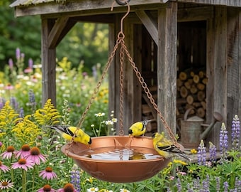 Copper Hanging Bird Bath Feeder Metal Embossed Hummingbird Design for Outdoor Garden Yard Patio Decor