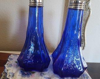 Set di saliera e pepiera in vetro blu cobalto – Riproduzione in stile vintage