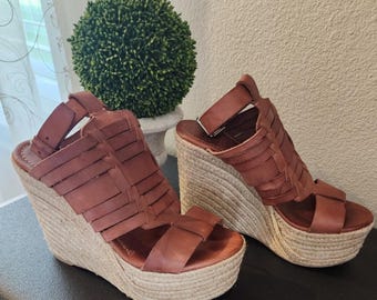 Sandalias de esparto de piel Polo Ralph Lauren para mujer, cuña de 5 pulgadas, talla 8 / 38 (España)
