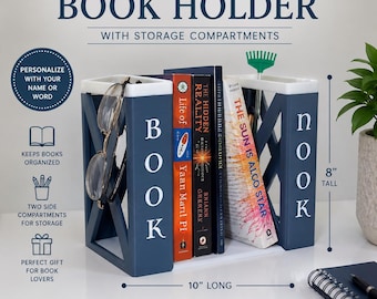 Book Holder with Storage Compartments, Farmhouse Book Organizer , Teacher Gift, Reading Nook Decor, Book Lover Gift