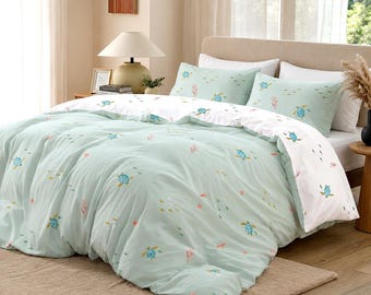 Aqua Sea Turtle Duvet Cover Set – Reversible Poly-Cotton Ocean Print Bedding