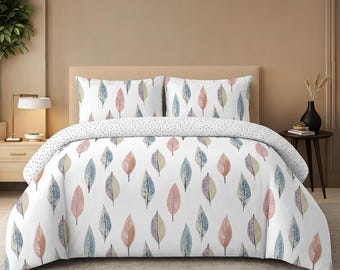 Scandi Leaf Duvet Cover Set, Watercolour Botanical Print With Polka Dot Reverse Bedding