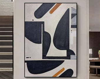 Quadro astratto moderno ad olio, arte murale geometrica nera e beige, decorazione minimalista su tela, arte per soggiorno in stile metà secolo