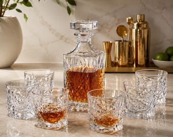 Crystal Whiskey Decanter Set with 6 Glasses, Diamond Cut Glass Barware, Bourbon Scotch Gift for Men, Home Bar Decor