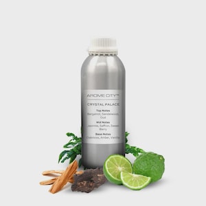 May include: A silver metal bottle with a white cap, labeled "AROME CITY CRYSTAL PALACE." The label lists fragrance notes: Bergamot, Sandalwood, Oud, Jasmine, Saffron, Sweet Berry, Oakmoss, Amber, and Vanilla. The bottle is surrounded by green leaves, lime slices, and wood chips.