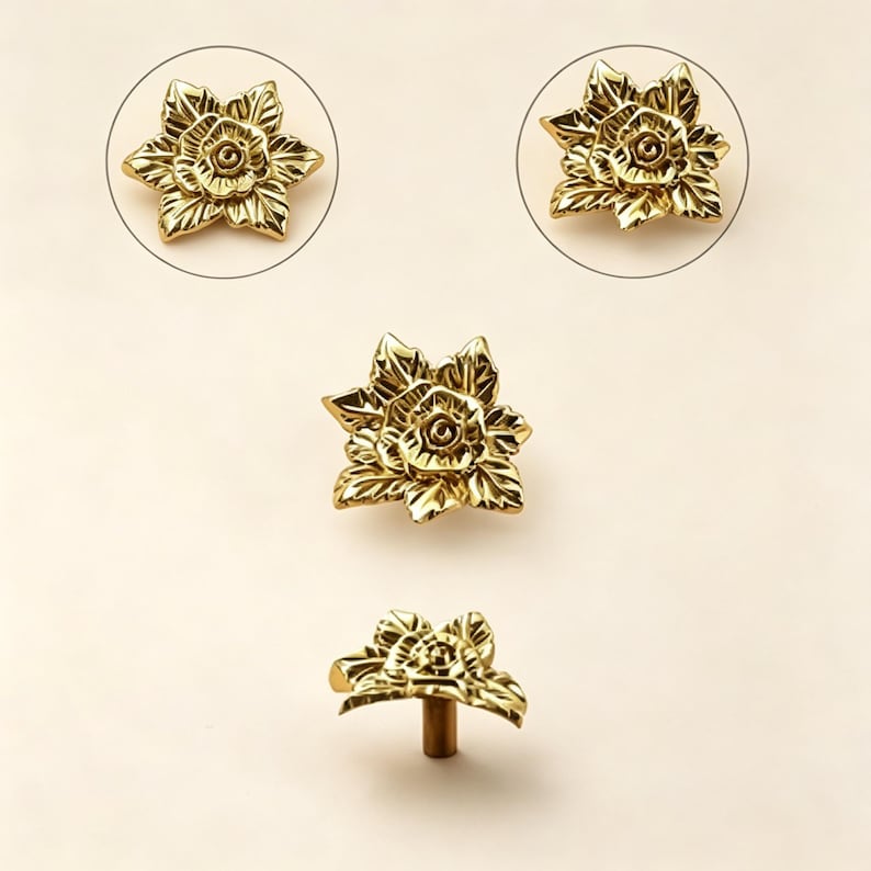 May include: Gold-colored floral cabinet knobs. The knobs are shaped like a rose with detailed petals and leaves. The image shows the knobs from multiple angles, including a close-up and a side view, highlighting the intricate design.