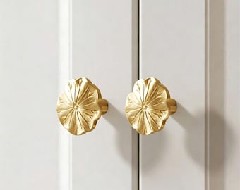 Solid Brass Lotus Leaf Cabinet Knobs, Antique Gold Floral Drawer Pulls, Minimalist Furniture Hardware
