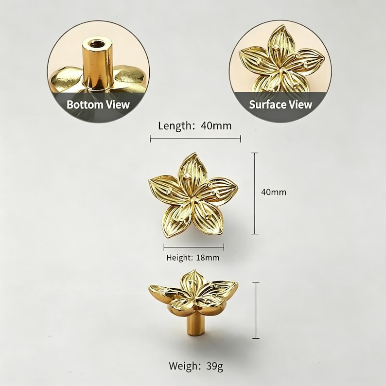 May include: Gold-colored flower-shaped cabinet knobs. The knobs are 40mm long, 40mm wide, and 18mm high, with a weight of 39g. The image includes views from the bottom and surface, showcasing the detailed floral design. These decorative knobs are ideal for furniture.
