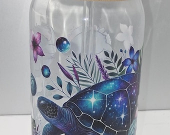 Handmade Sea Turtle Glass Cup 16oz - Ocean Inspired Iced Coffee Glass - Aesthetic Sea Life Libbey Glass Can -Reusable Bamboo Lid and straw