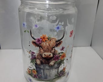 Large Highland Cow Canister | 32 oz Glass Storage Jar | Modern Farmhouse Kitchen Decor | Hand-Etched Cow Jar for Coffee & Snacks