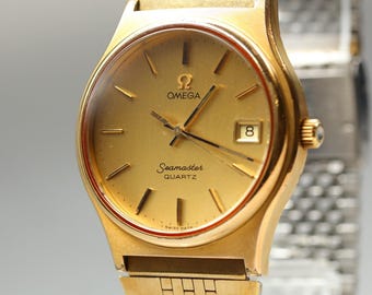 1977[EXC+5] Vintage OMEGA Seamaster 1342 Gold Push Crown Men's Qz Watch JPN UU10
