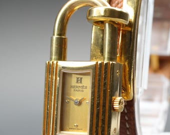 Vintage [Exc+5] Hermes Kelly Watch Gold Dial Brown Women's Quartz From JP #123
