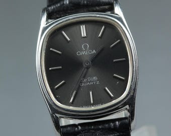 Vintage Omega De Ville Cal.1387 Silver Black Dial Push Crown Women Quartz Watch