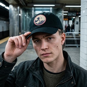 May include: Black baseball cap with a circular patch depicting a wave design in pink, beige, and blue. The cap is worn by a person in a dark jacket and a green sweater, in a subway station setting.