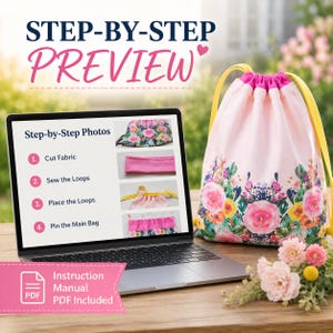 Kids sewing pattern for making a lightweight drawstring backpack from quilting cotton with a contrasting top casing and ribbon shoulder straps.