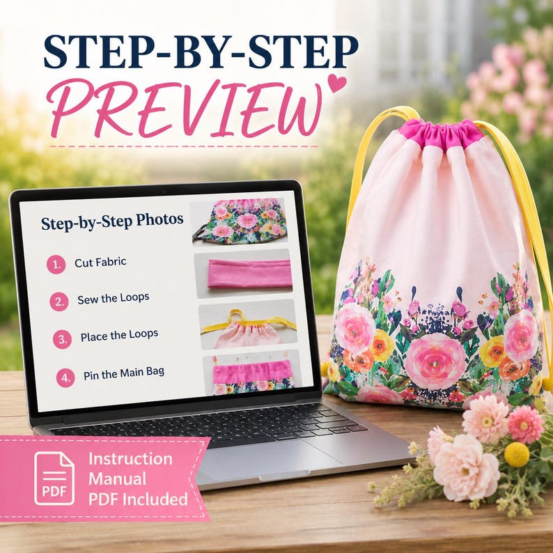 Kids sewing pattern for making a lightweight drawstring backpack from quilting cotton with a contrasting top casing and ribbon shoulder straps.