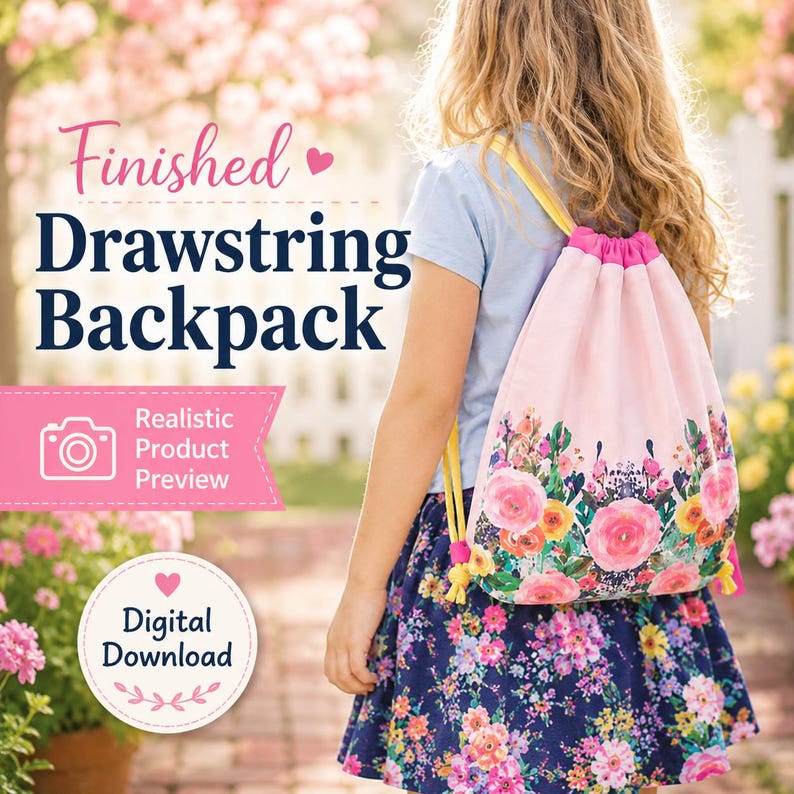 Beginner drawstring backpack sewing pattern with step-by-step written instructions and detailed photos provided in a US Letter PDF manual.