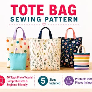 Naaipatroon voor een draagtas voor beginners, 5 maten. DIY canvas shopper tas handleiding. Printbaar patroon voor een alledaagse tas voor boodschappen en winkelen.
