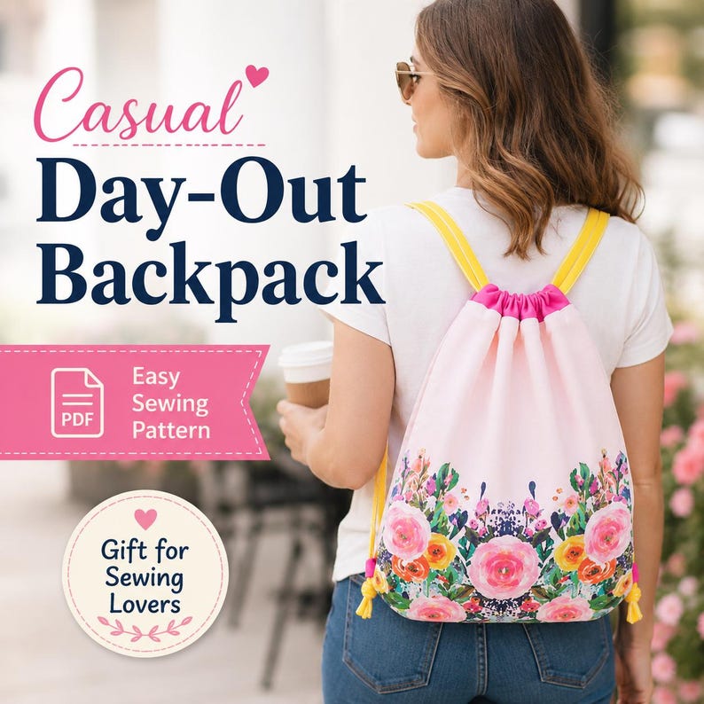 Step-by-step drawstring bag tutorial showing how to sew the main bag, attach the contrasting casing, thread the ribbons, and finish the backpack.