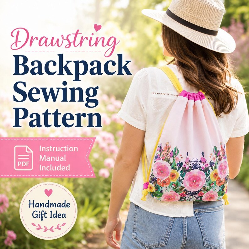 Easy sewing pattern tutorial with detailed construction photos that guide beginners through making a simple cotton drawstring backpack.