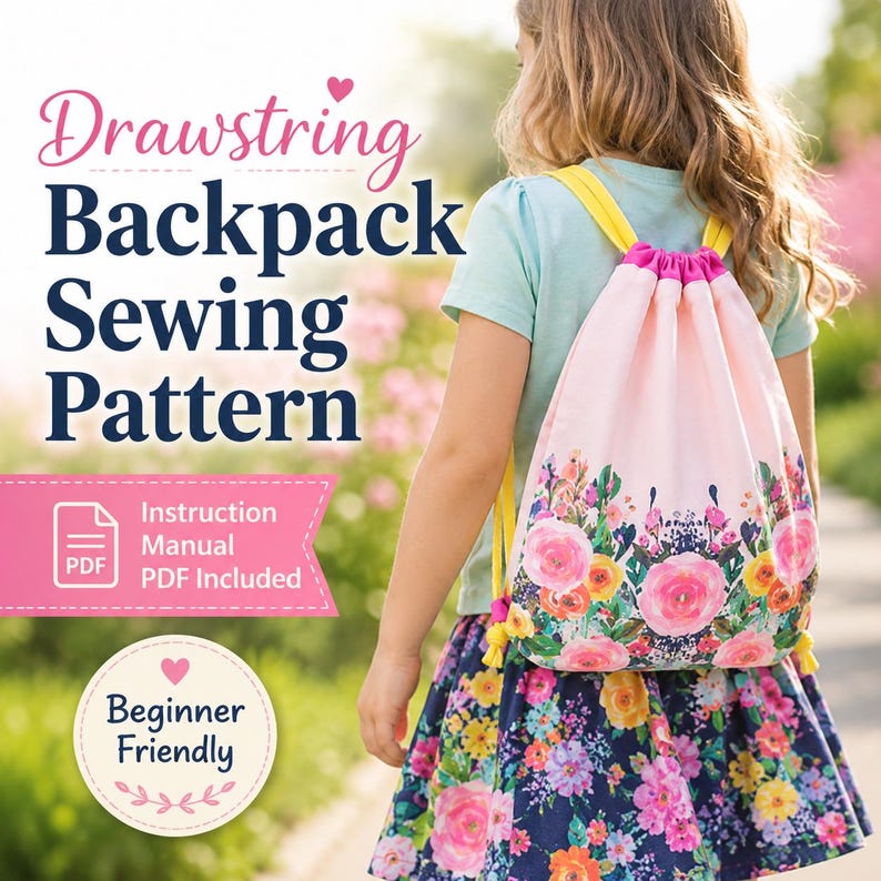 Floral drawstring backpack made from cotton fabric using a beginner-friendly drawstring bag pattern and easy sewing pattern tutorial for DIY lovers.