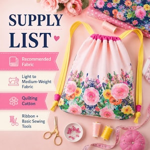 Drawstring bag PDF tutorial with simple cutting measurements for the main fabric, contrasting casing, fabric loops, and ribbon straps.