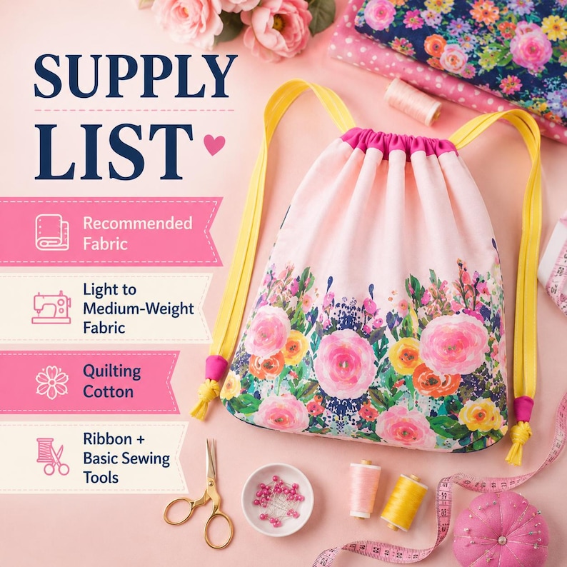 Drawstring bag PDF tutorial with simple cutting measurements for the main fabric, contrasting casing, fabric loops, and ribbon straps.
