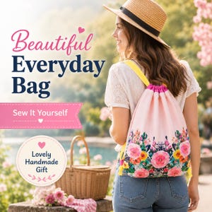 Easy bag pattern for sewing a handmade drawstring backpack that can be customized with different quilting cotton fabrics, ribbons, and prints.
