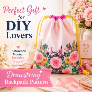 Digital drawstring bag sewing pattern in US Letter PDF format with beginner instructions, photo guidance, cutting measurements, and a supply list.