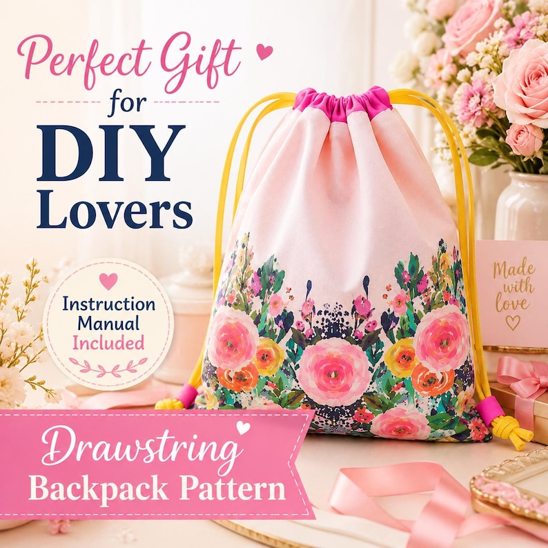 Digital drawstring bag sewing pattern in US Letter PDF format with beginner instructions, photo guidance, cutting measurements, and a supply list.