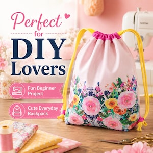 Beginner-friendly backpack sewing project featuring two main fabric pieces, contrasting casing pieces, fabric loops, and adjustable drawstrings.