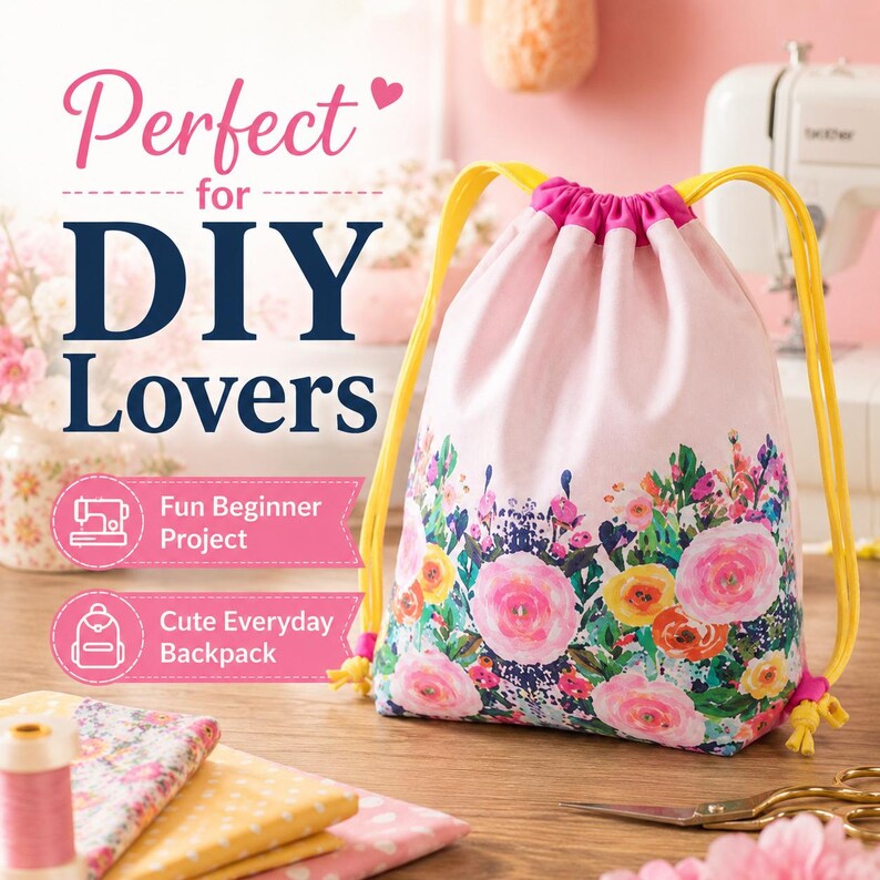 Beginner-friendly backpack sewing project featuring two main fabric pieces, contrasting casing pieces, fabric loops, and adjustable drawstrings.