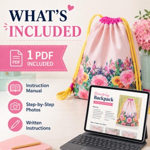 DIY drawstring bag pattern showing a handmade fabric backpack that is perfect for school supplies, toys, books, and children’s everyday activities.