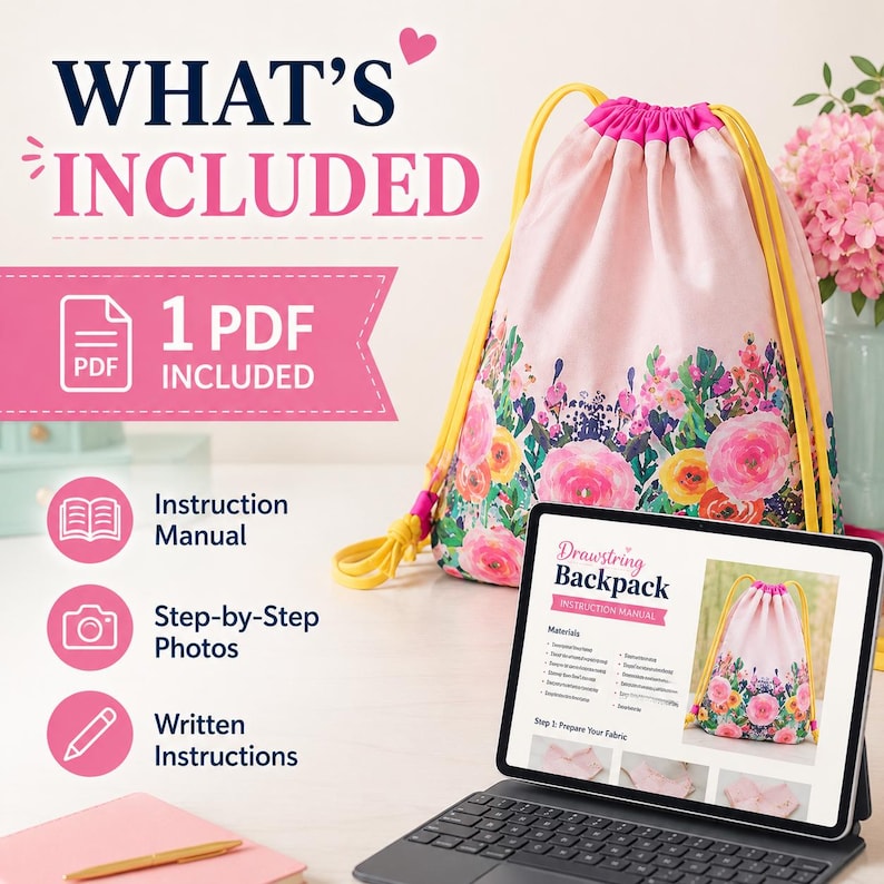 DIY drawstring bag pattern showing a handmade fabric backpack that is perfect for school supplies, toys, books, and children’s everyday activities.