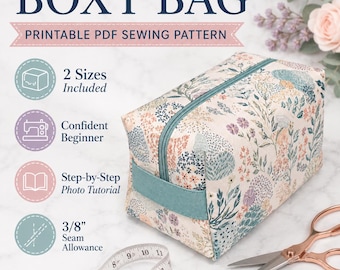 Molde para costura de bolsa quadrada para iniciantes, 2 tamanhos, tutorial faça você mesmo de nécessaire com zíper, ideal para maquiagem, cosméticos, artigos de higiene pessoal, viagens e organização.