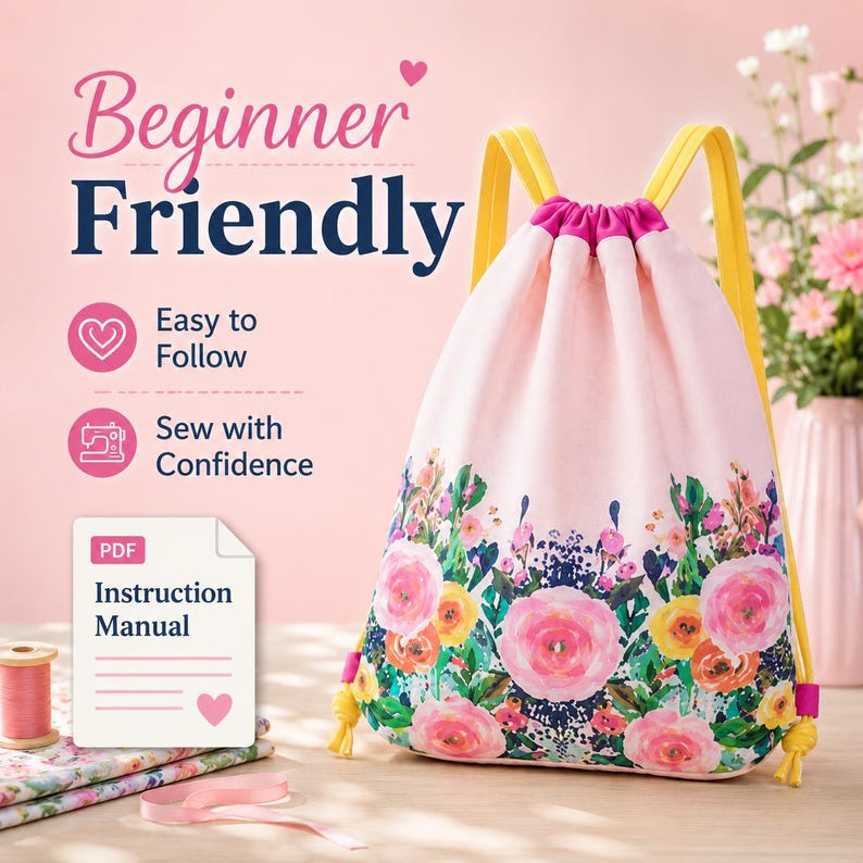 Easy sewing project for beginners featuring a floral drawstring bag with adjustable ribbon straps and small fabric loops at the bottom corners.