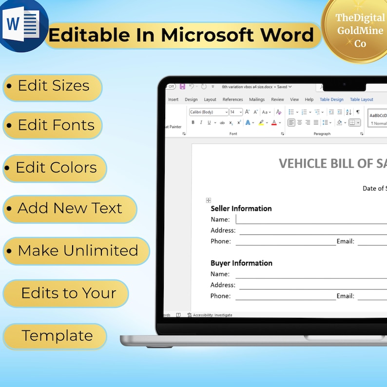 Editable Car Bill of Sale Word Template, Printable as is Car Sale Form ...
