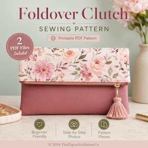 Modello di cucito per pochette pieghevole per principianti, tutorial fai da te per borsa a mano pieghevole con cerniera, modello stampabile per borsa da sera per tutti i giorni